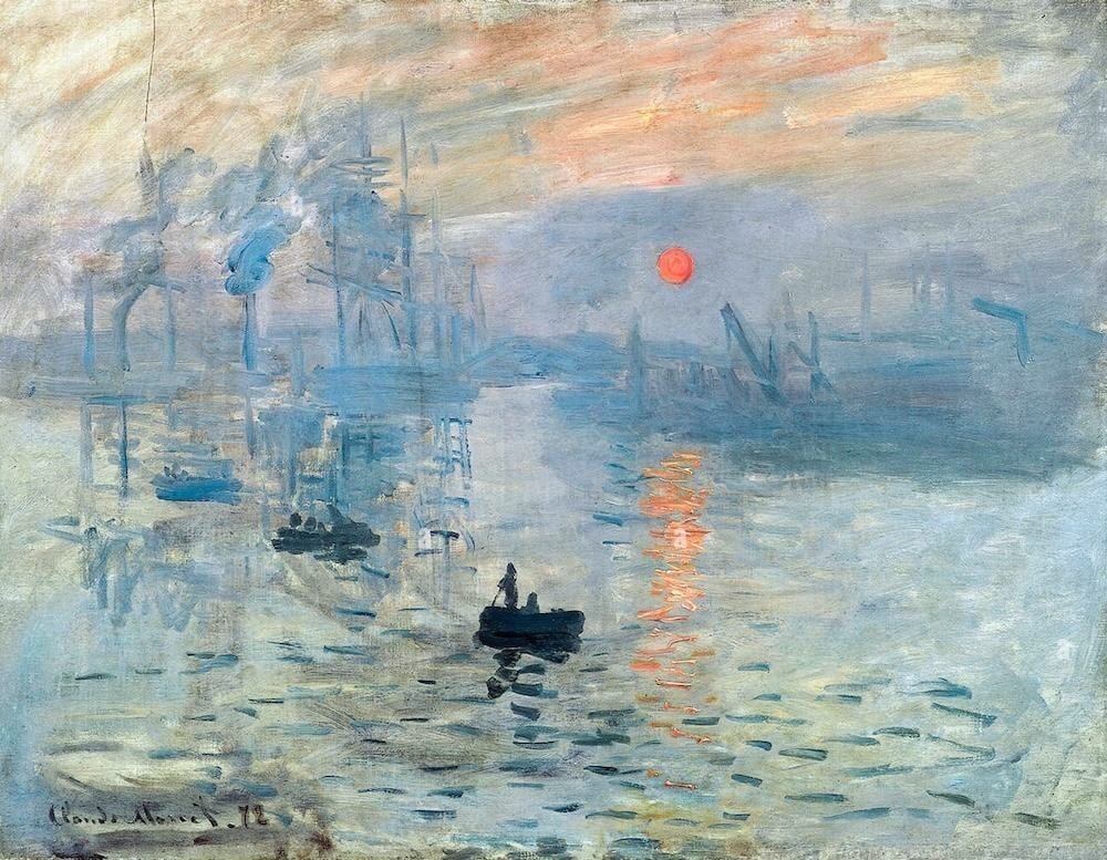 Claude Monet’s Impression, Sunrise (1872): hazy blue harbor at dawn with a small orange sun over industrial masts and smoke.